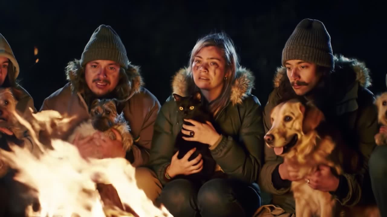 Warm Moments Around the Fire: A Group of Friends Enjoying a Cozy Evening with Their Beloved Dogs by a Crackling Campfire Under a Starry Night Sky