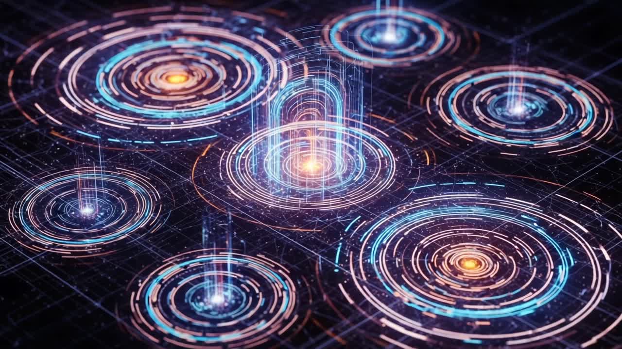 Ohromující vizualizace kruhových energetických vzorů a dynamických světelných zdrojů představující kvantovou konektivitu v digitálním vesmíru.