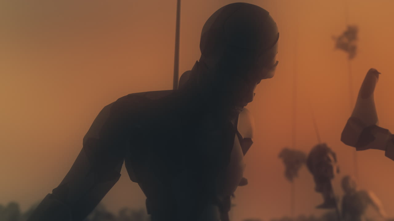 Destroyed andorids on a junkyard in yellow light