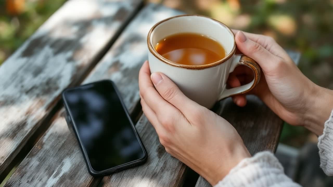 Woman enjoying a relaxing moment with herbal tea outdoors, her smartphone resting on the weathered wooden table beside her