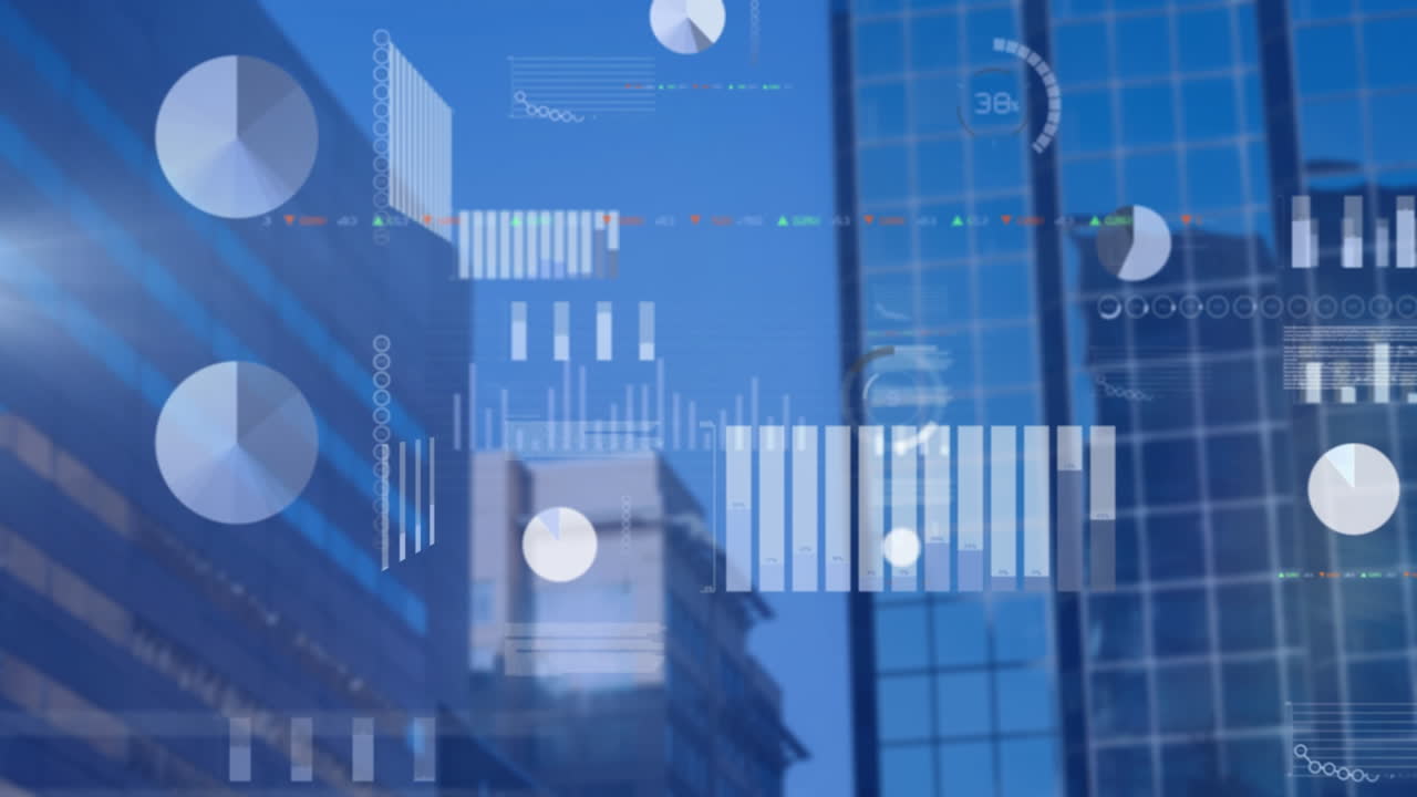 Animation of data processing and light spots over diagrams and cityscape