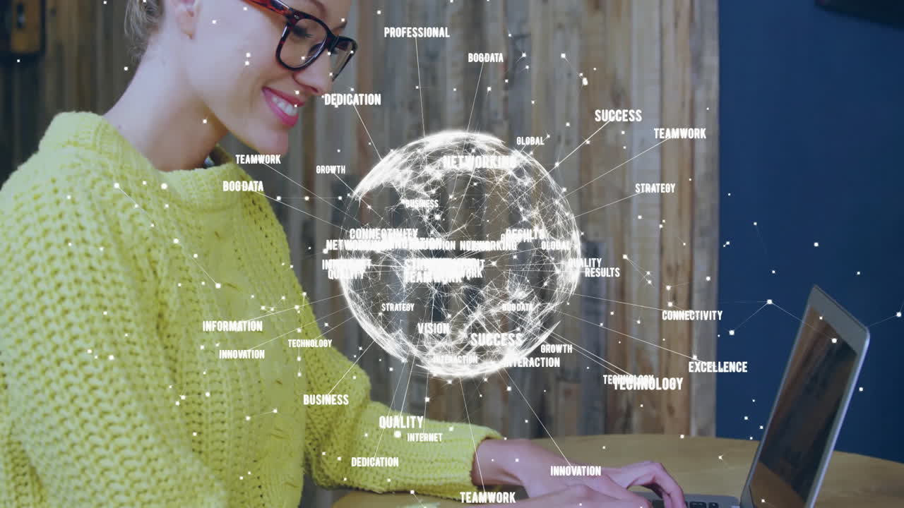 Animation of globe with connections and texts over caucasian woman using laptop