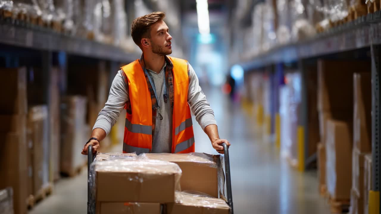 A warehouse worker in a reflective safety vest navigates through aisles filled with stacked boxes, pushing a cart loaded with packages, showcasing the hustle and bustle of logistics and inventory management