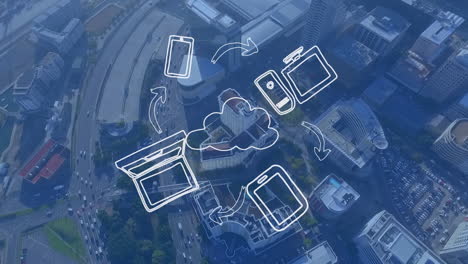 animación de iconos digitales y nube sobre el paisaje urbano.