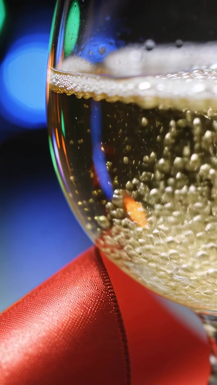 Calice che si posa sul bancone, effervescente in bollicine che salgono con nastro rosso e bokeh festivo