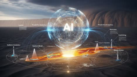 an advanced visualization of artificial intelligence impacting global data analytics and predictive modeling in a futuristic landscape