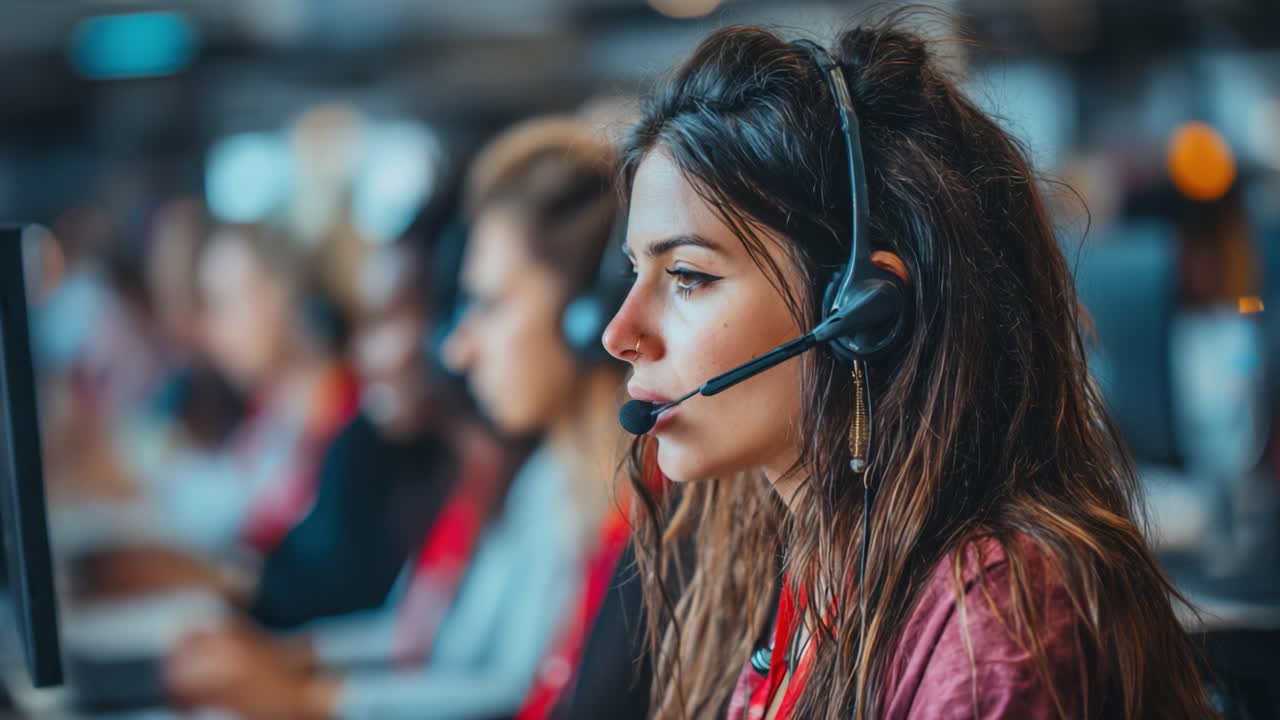 Addetto all'assistenza clienti concentrato e impegnato nella comunicazione professionale mentre lavora in un ambiente di call center affollato