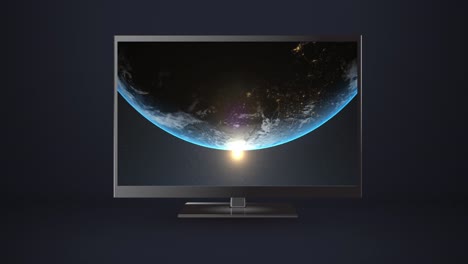 animation of modern tv with globe over black background