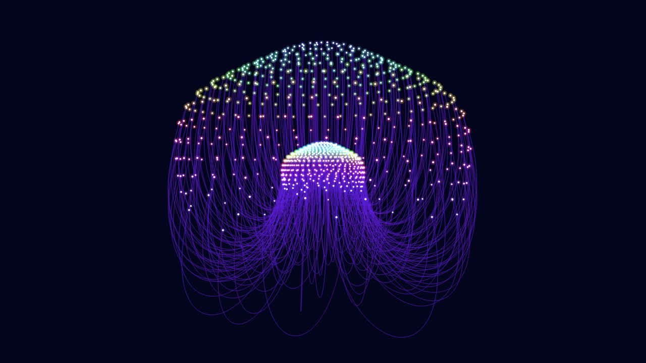 Glowing 3d jellyfish made of lines and dots floats in air, creating illusion of movement and depth