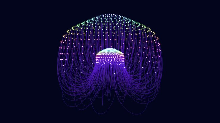 Glowing 3d jellyfish made of lines and dots floats in air, creating illusion of movement and depth