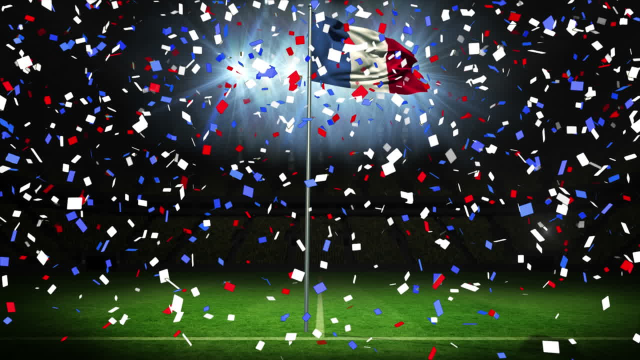 공허한 경기장의 불빛에 맞춰 푸른 땅 위에 떨어지는 콘페티와 프랑스 발의 애니메이션