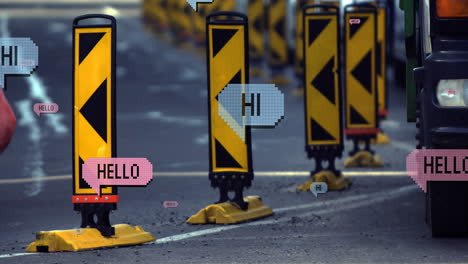 animación de múltiples textos de saludos y saludos en burbujas de habla vintage sobre el tráfico vial