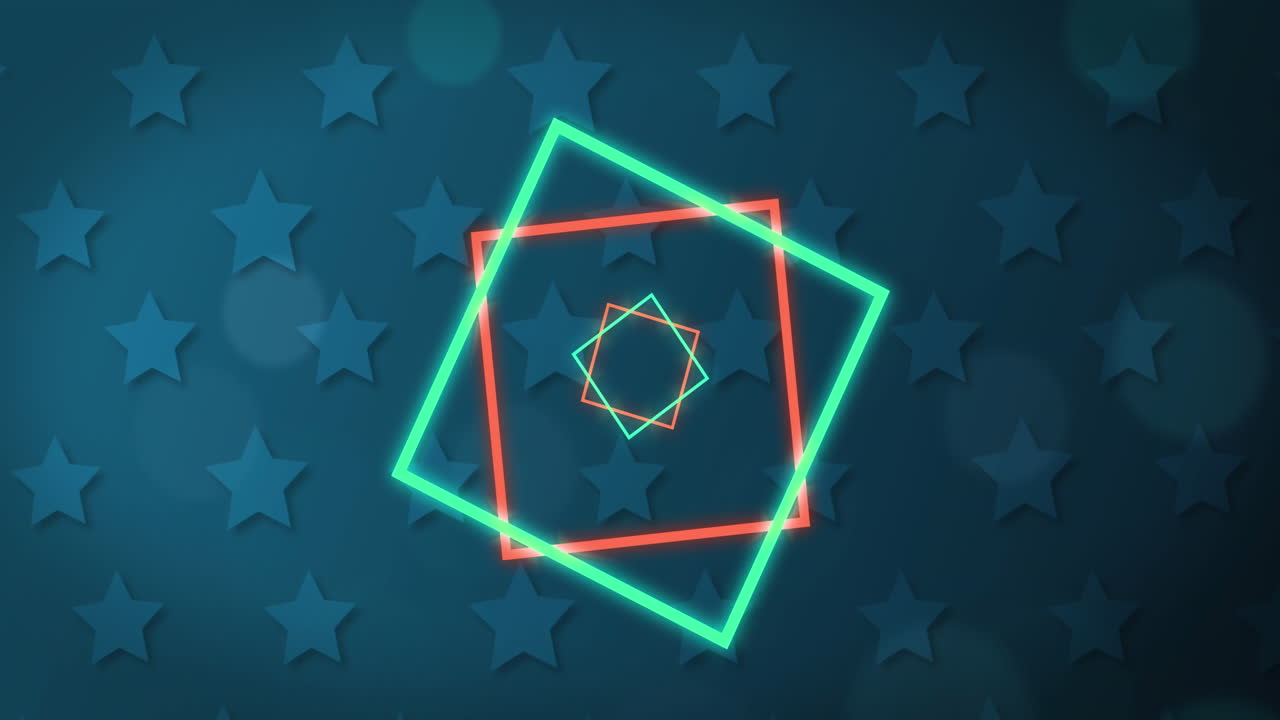 animación de formas cuadradas iluminadas que se mueven sobre estrellas azules y destello de la lente