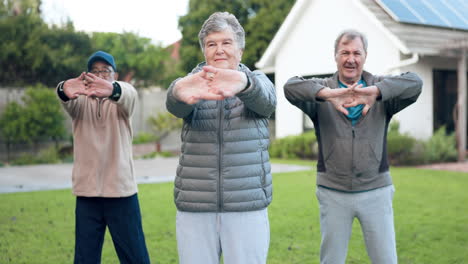 hands, stretching or senior friends in fitness