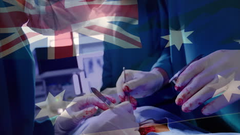 animation of flag of australia waving over surgeons in operating theatre