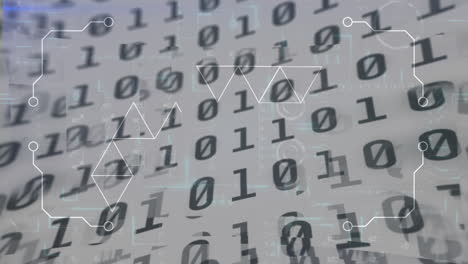 Animation of binary coding and data processing over glowing computer circuit board