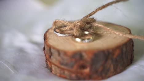 two gold with diamonds wedding rings bands sitting on round piece of live edge wood and tied together with a piece of brown twine