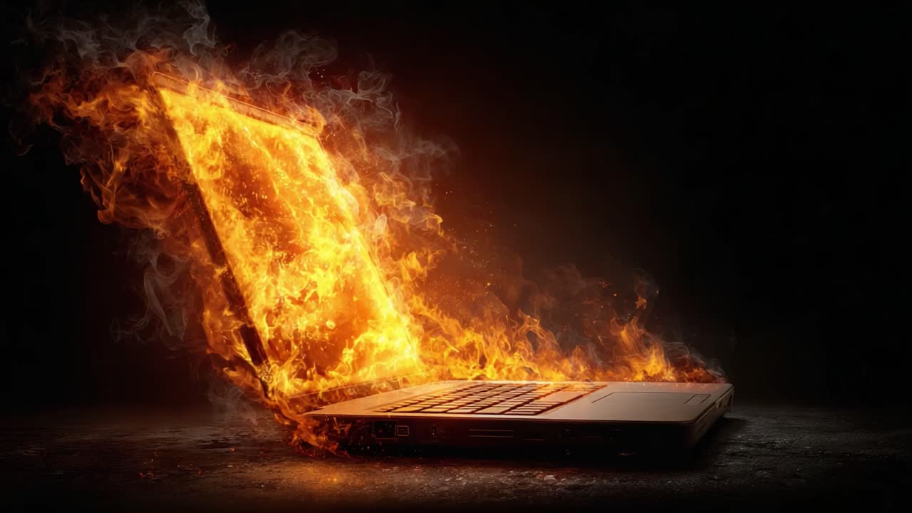 En bärbar dator uppslukad av våldsamma lågor, vilket illustrerar farorna med överhettning och elektroniska fel, samt den kritiska betydelsen av enhetssäkerhet och underhåll i modern teknik