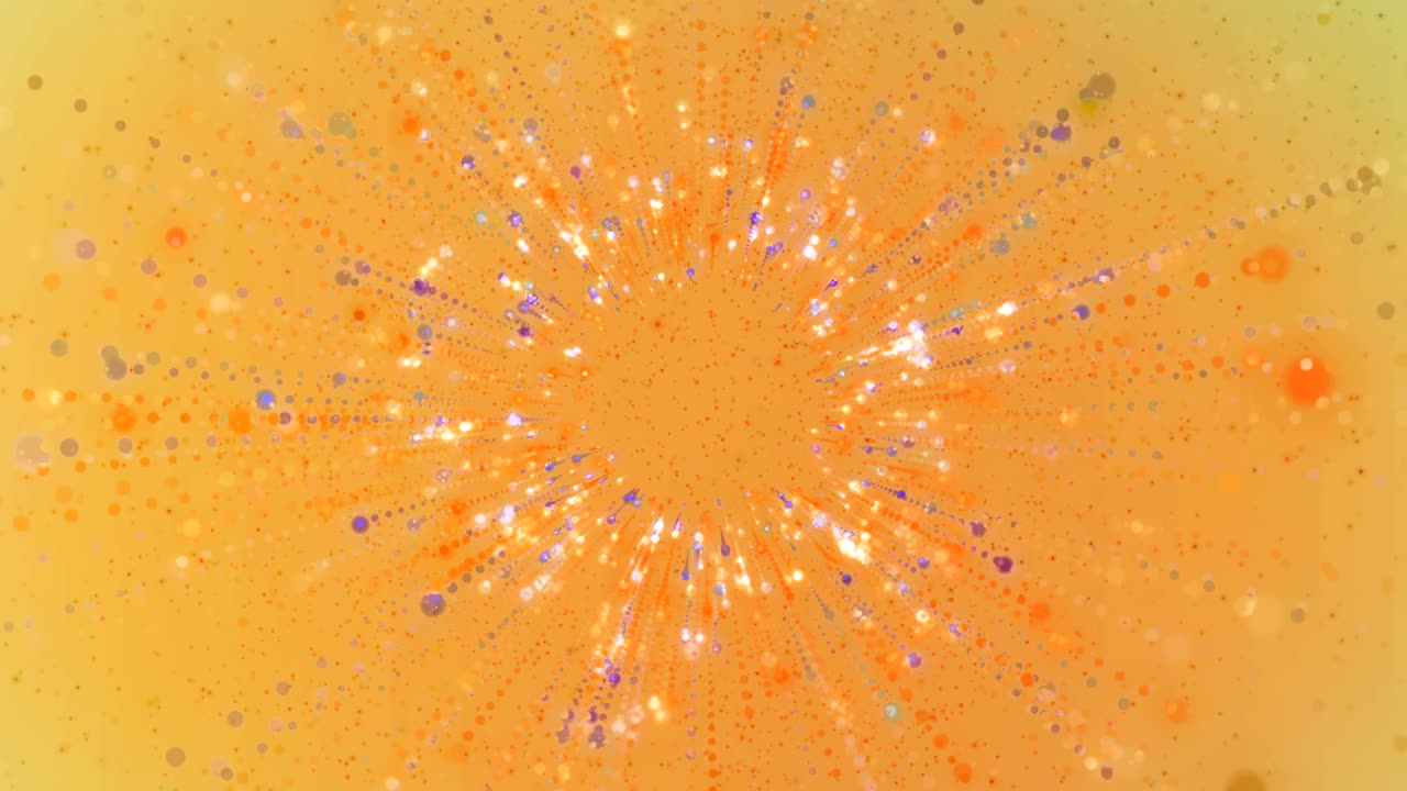 Particelle astratte multicolori e luminose che si diffondono su sfondo giallo. Risoluzione 4K