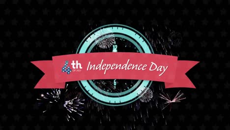 Animation-of-fourth-of-july-text-with-flag-of-america-colours-over-clock-and-fireworks