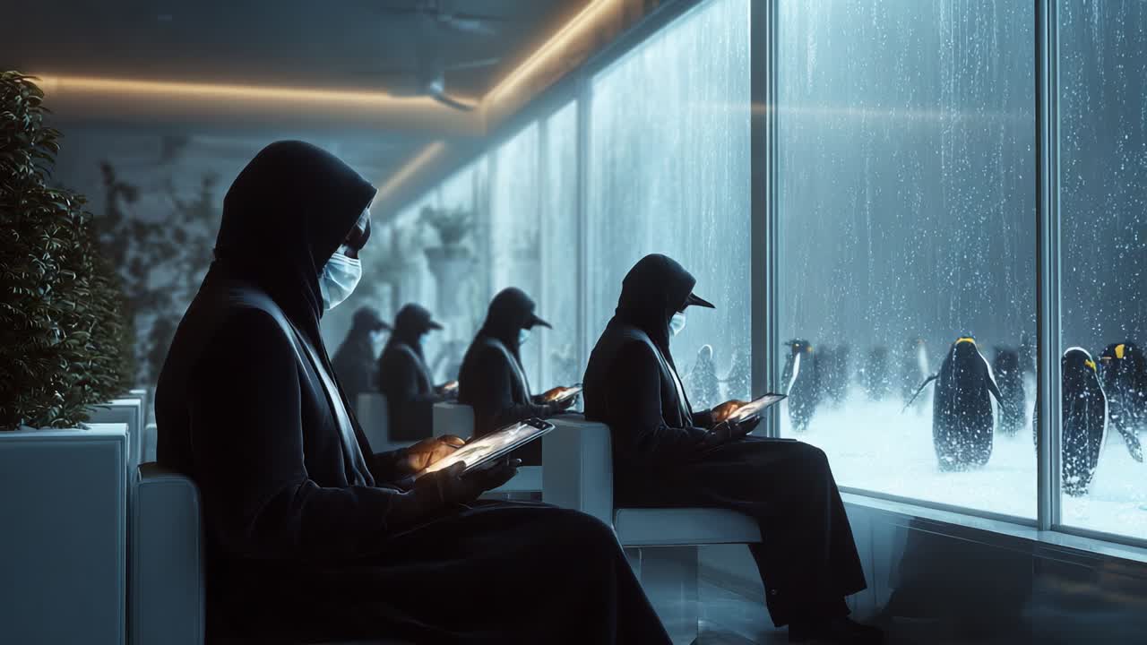 Mysterious Individuals in Shadows Observing Penguins Through Rain-Splattered Glass, Capturing an Intriguing Scene of Nature Contrast with Technology, Creating an Air of Anticipation and Curiosity
