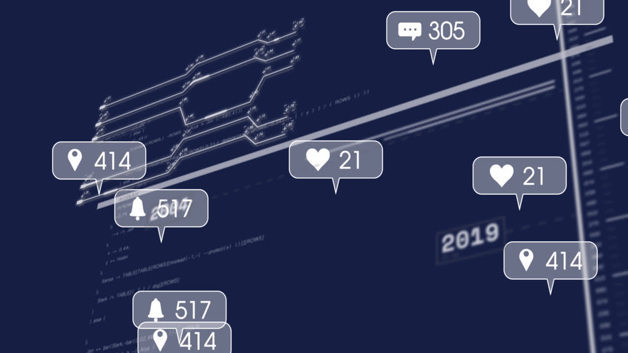 ソーシャルメディアのデータ処理を暗い背景でアニメーション化