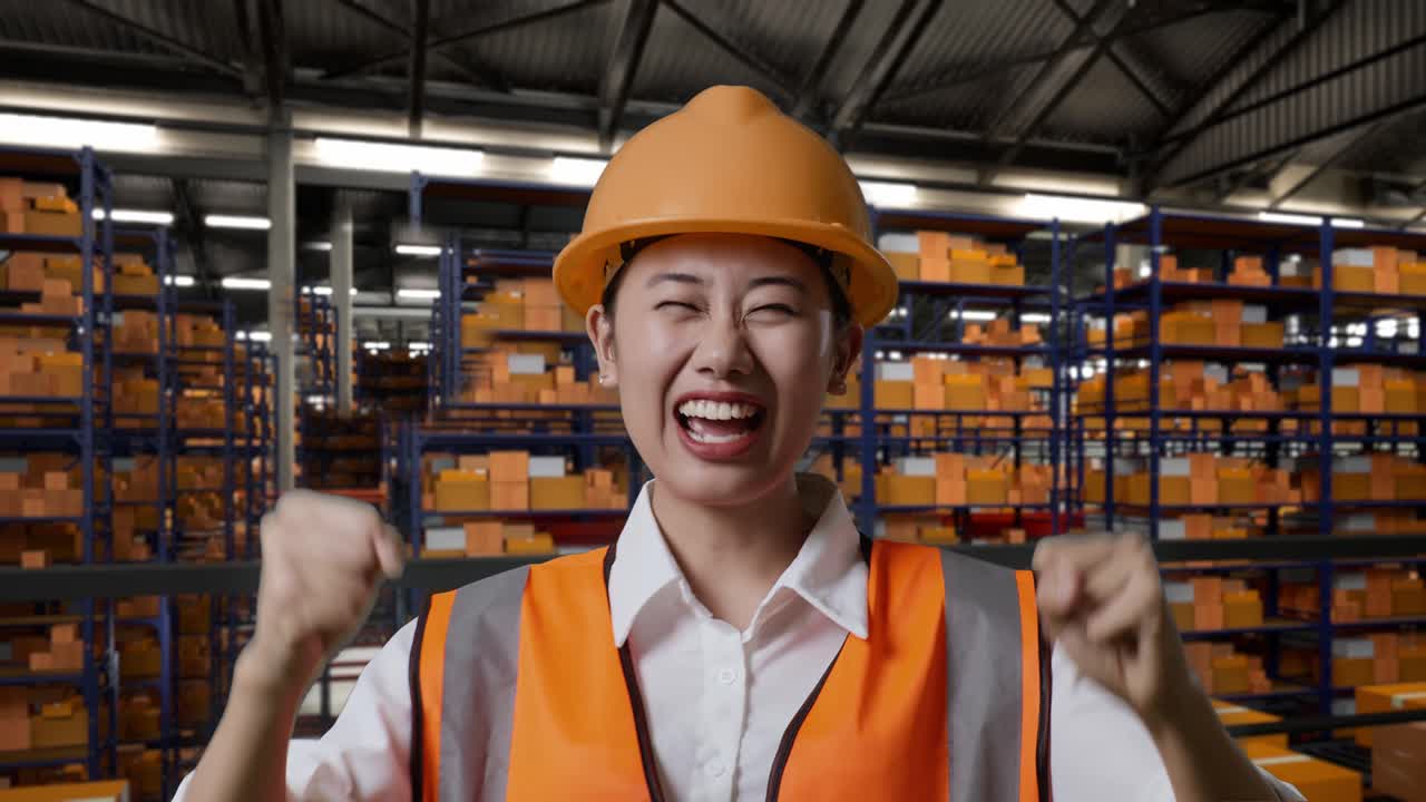 안전 헬을 입은 아시아 여성 엔지니어의 클로즈업 골과 춤을 치며 택배 상품으로 가득 찬 선반과 함께 창고에 서서 축하합니다.