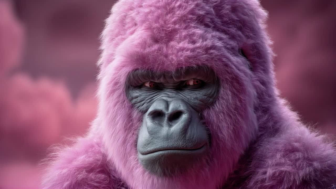 Pink gorilla closeup with soft fur on dreamy background