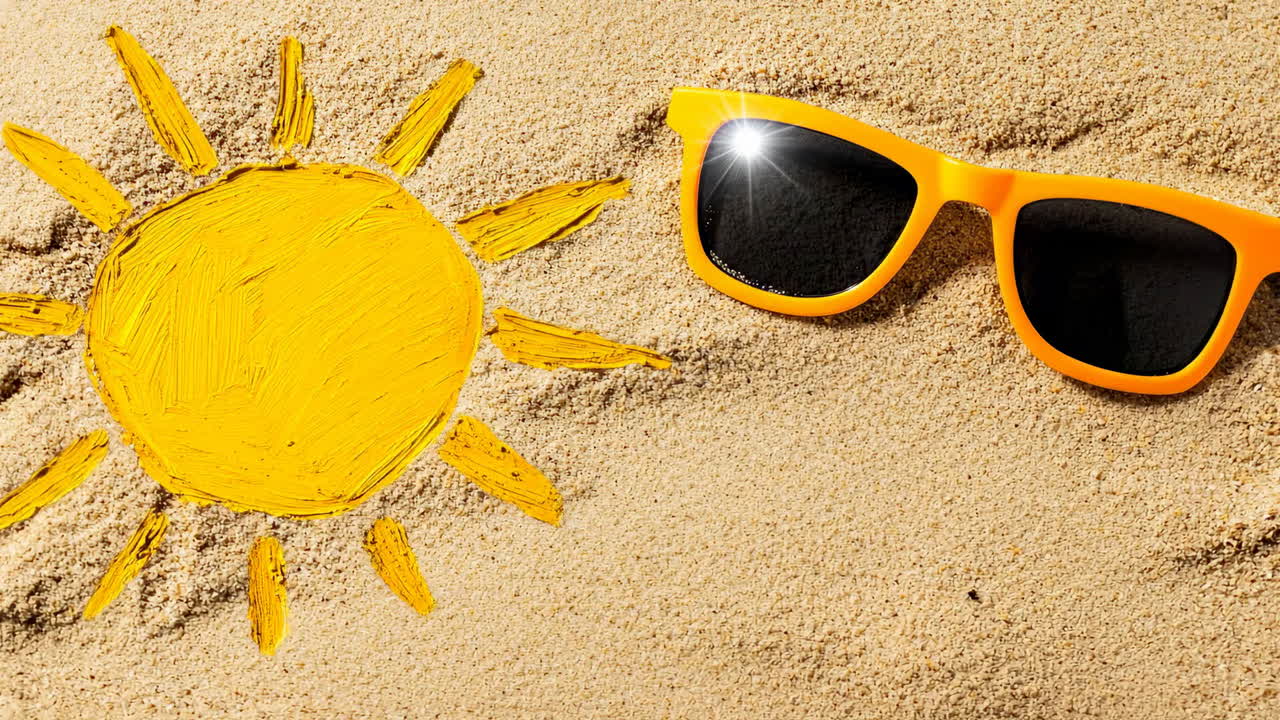 Sunshine and sunglasses on warm sand. Bright sun drawn in sand next to vibrant orange sunglasses on a sunny beach day