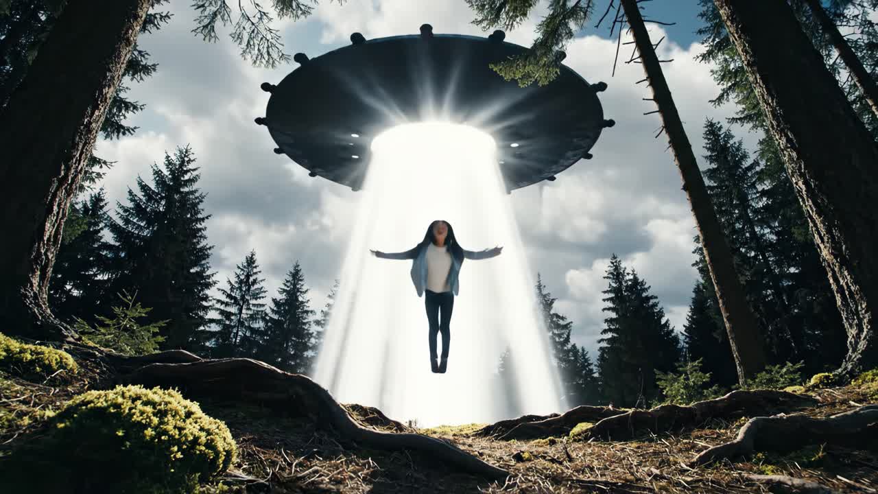 Girl being abducted by a UFO in a forest