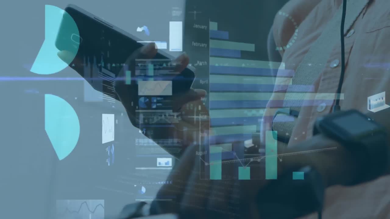 animación de múltiples gráficos, tablero de negociación, mujer afroamericana con bicicleta usando teléfono celular