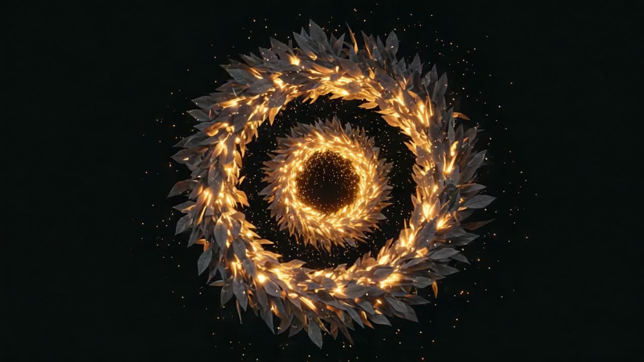A mesmerizing animated spiral of glowing leaves and vibrant sparks, showcasing a stunning visual transformation from darkness to radiant brilliance in a captivating loop