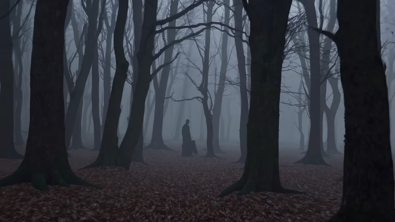 Nastrojowa scena z mglistym lasem, uchwycona na poziomie oczu