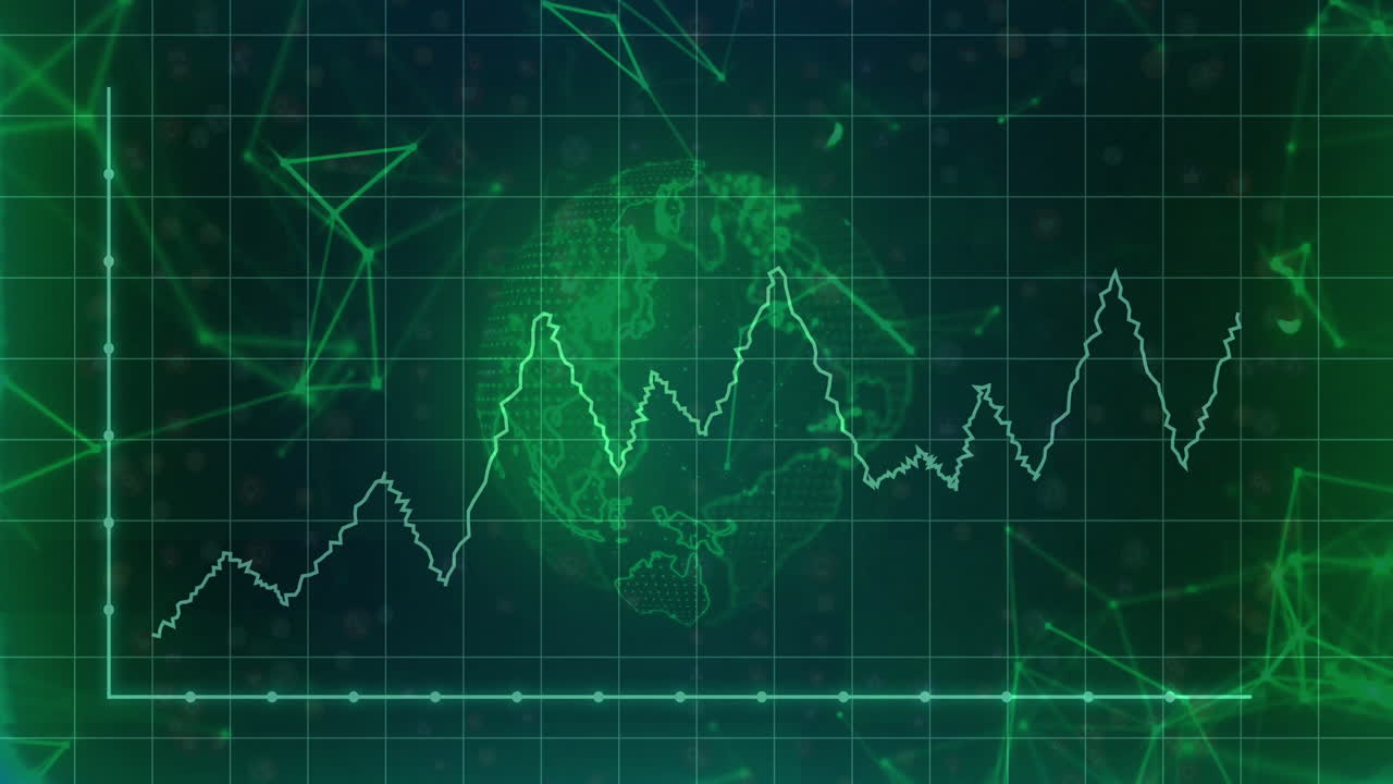 Digital interface visualizing jagged white line graph overlaying grid behind wireframe globe