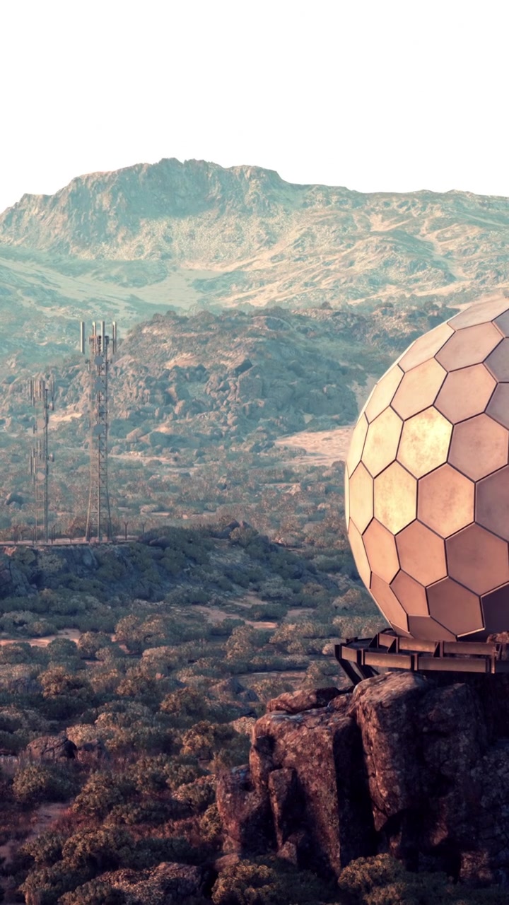 Large communication dishes and towers on rocky terrain near mountains