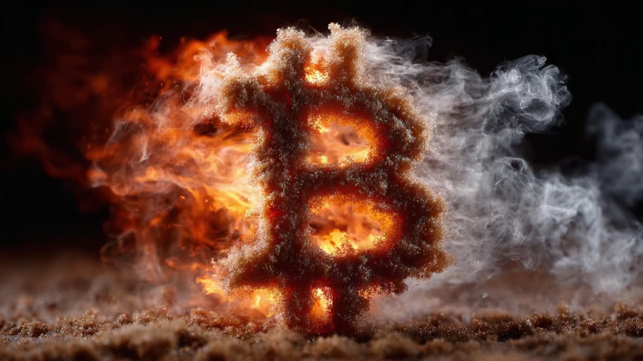 A captivating display of a burning symbol representing cryptocurrency, showcasing vivid flames and smoke that create a dynamic atmosphere of digital revolution