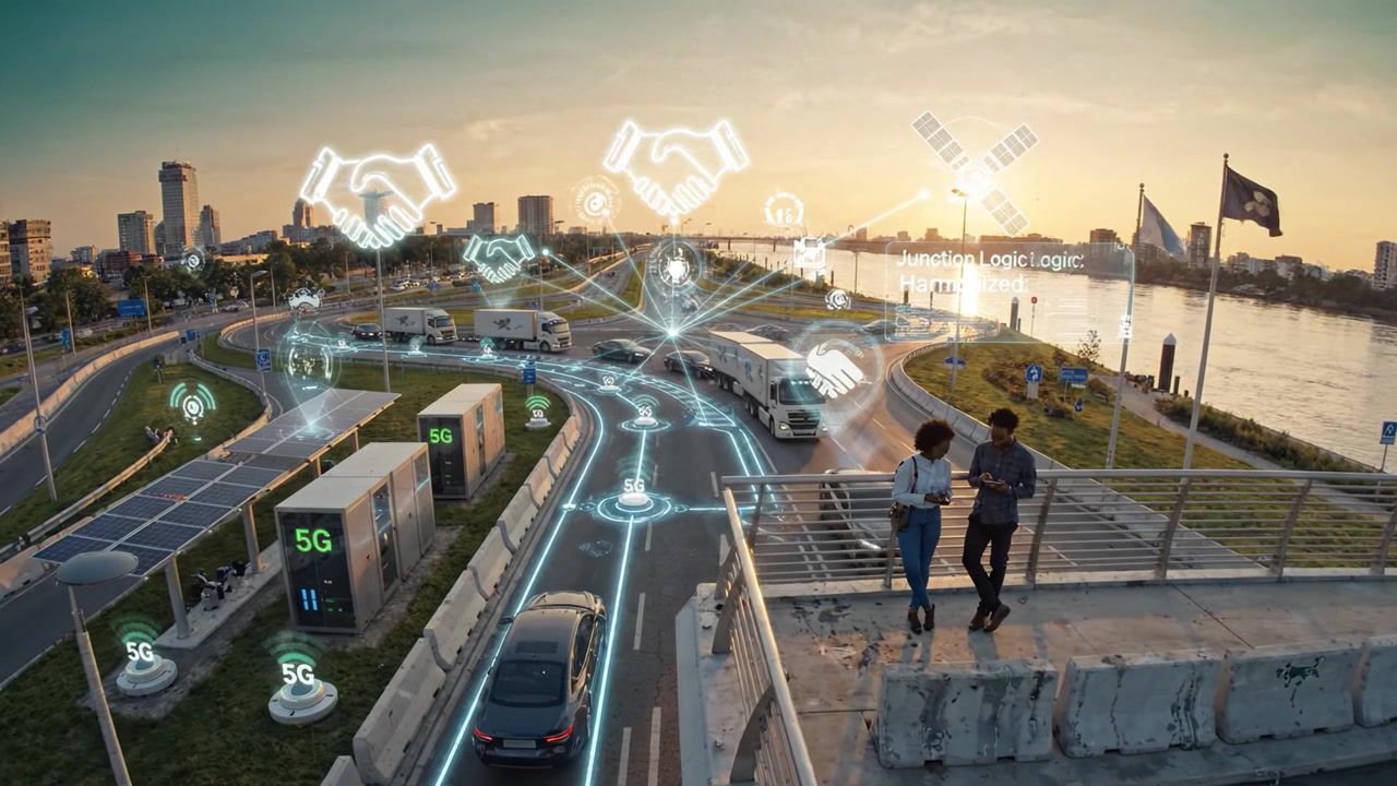 Esplorando il futuro della connettività: una coppia osserva la tecnologia 5G che trasforma la mobilità urbana vicino al tramonto sul fiume