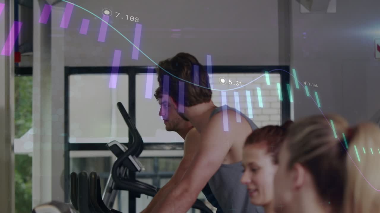 Male pedaling and starting animated charts tracking fitness across bikes while front woman smiling