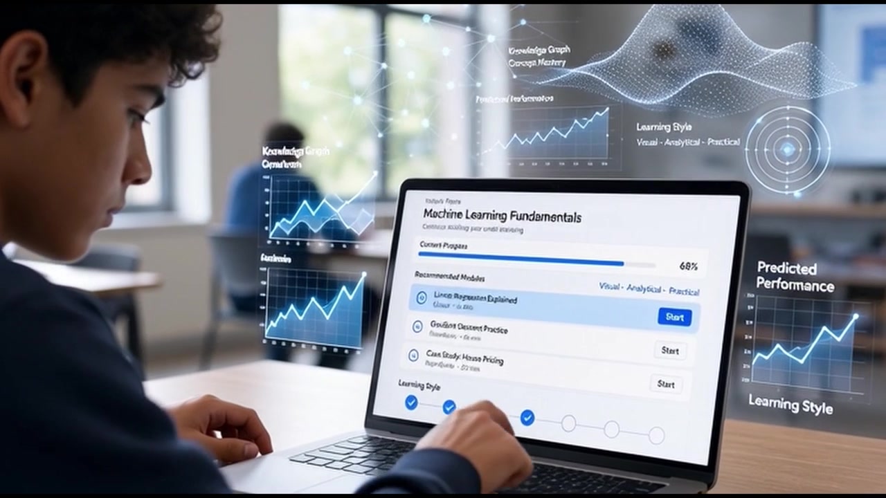 Estudiante estudiando fundamentos de aprendizaje automático en un portátil con datos de realidad aumentada