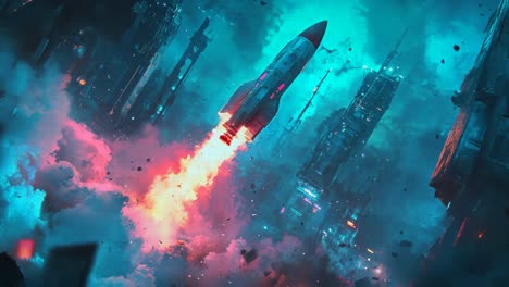 rocket launch from futuristic cityscape