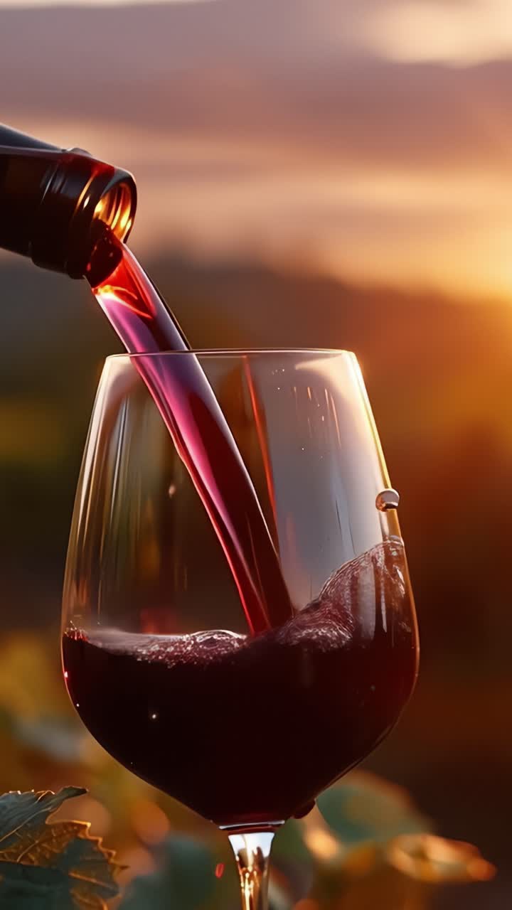 Derramando vinho tinto em uma taça ao pôr do sol, exibindo a cor rica e a textura do vinho, rodeado por vegetação exuberante e luz dourada quente.