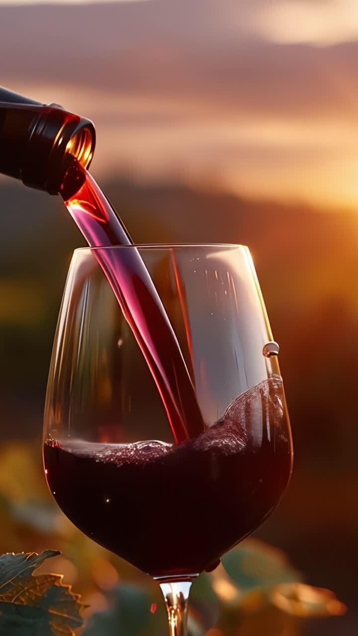 Derramando vinho tinto em uma taça ao pôr do sol, exibindo a cor rica e a textura do vinho, rodeado por vegetação exuberante e luz dourada quente.