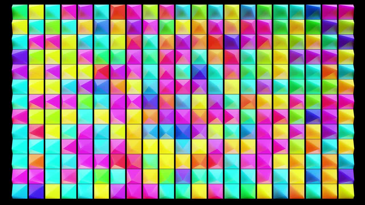 fondo festivo abstracto con pirámides multicolores en un plano parpadeando luz de neón al azar. bucle hermoso bg en 4k. animación suave renderización 3d.