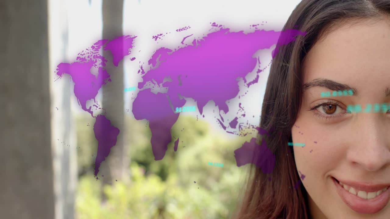 Mujer moviéndose hacia el encuadre mientras unos marcadores de mapa transparentes se superponen sobre su rostro para destacar información empresarial