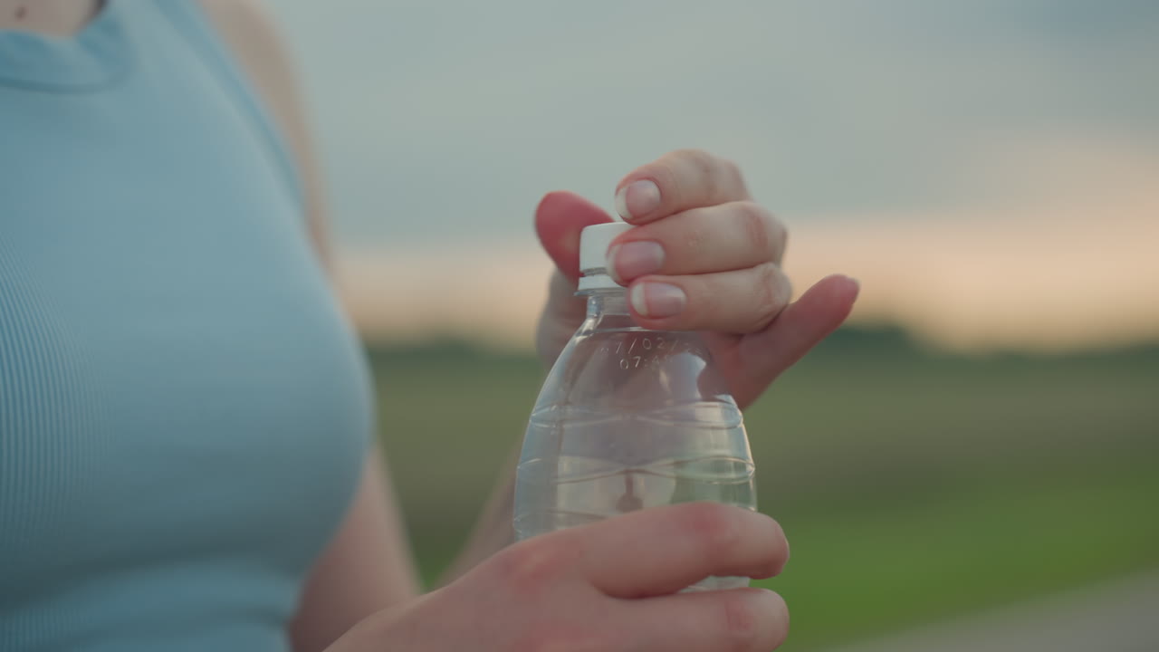 brother reaches for water while sister drinks from plastic bottle then playfully pushes his hand away on deserted country road at sunset sky capturing sibling playful