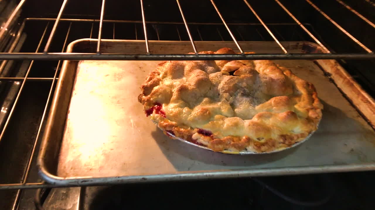 Una mano con una presina apre un forno ed estrae una deliziosa torta di mele calda, appoggiandola sul piano cottura.