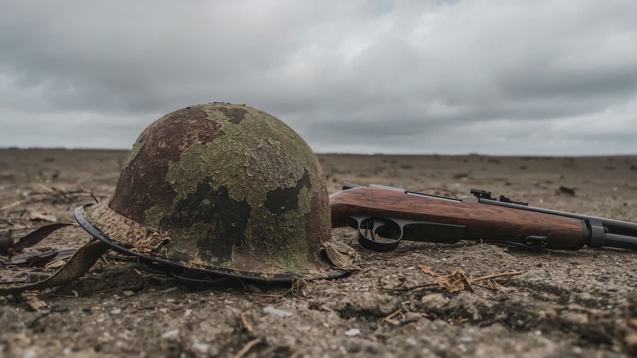 Panning camera across camouflage helmet and bolt-action rifle on barren ground, showing ruin