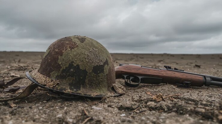 Panning camera across camouflage helmet and bolt-action rifle on barren ground, showing ruin