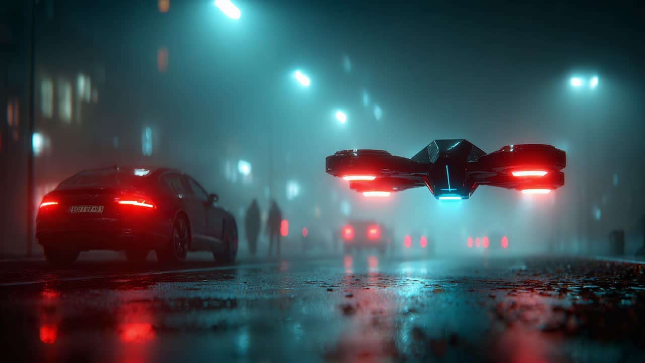 A sleek, futuristic drone hovers above a wet city street at night, illuminated by vibrant neon lights, surrounded by mist and shadows of passersby in the background