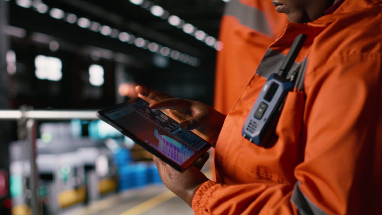African american woman overseeing industrial turbine operations on tablet